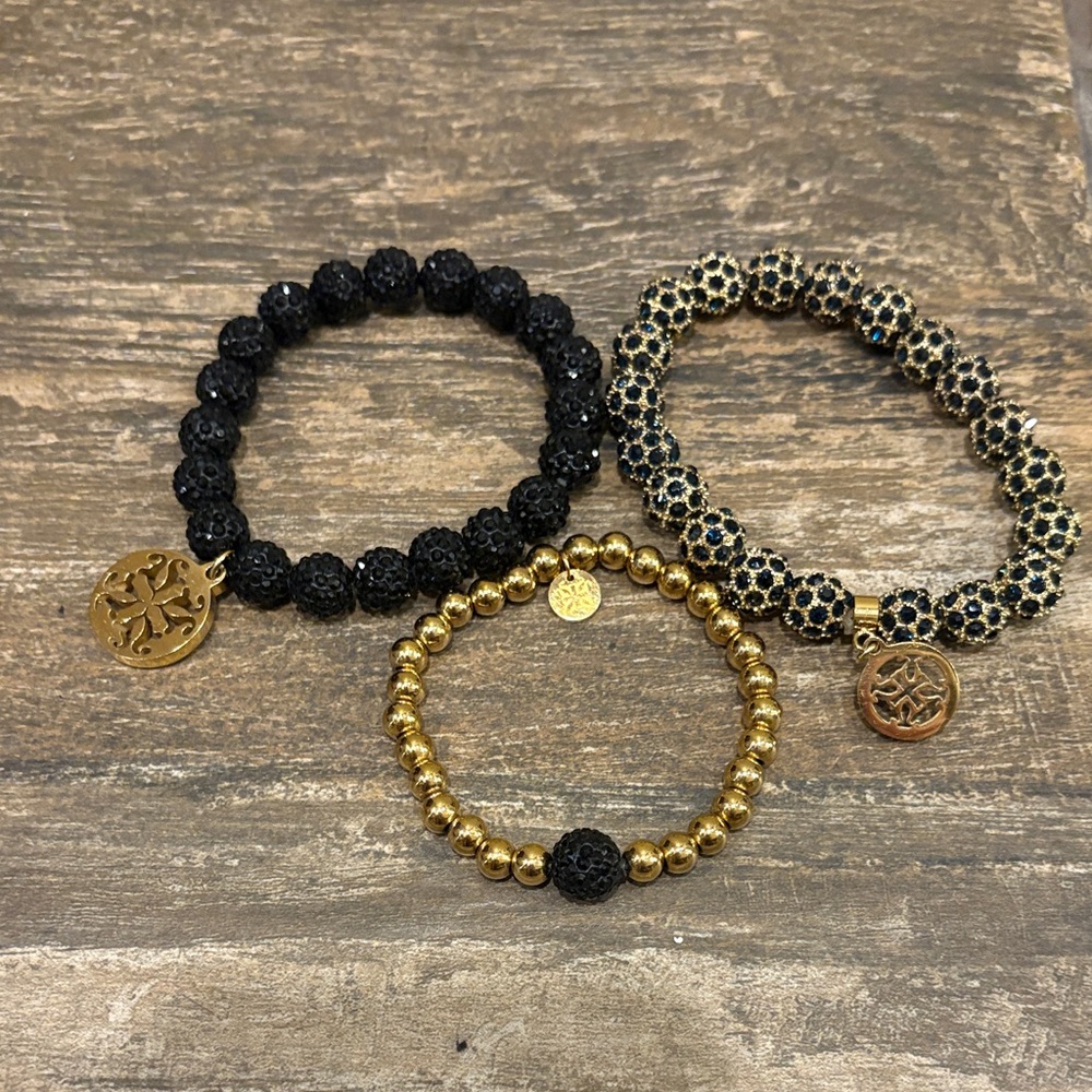 Rustic Cuff Black and Gold Beaded Bracelets Set